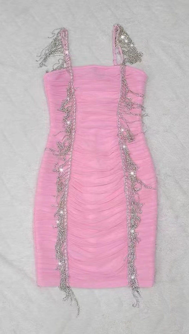 AIIZIE FRINGED MESH SKINNY MINI DRESS IN PINK - product image