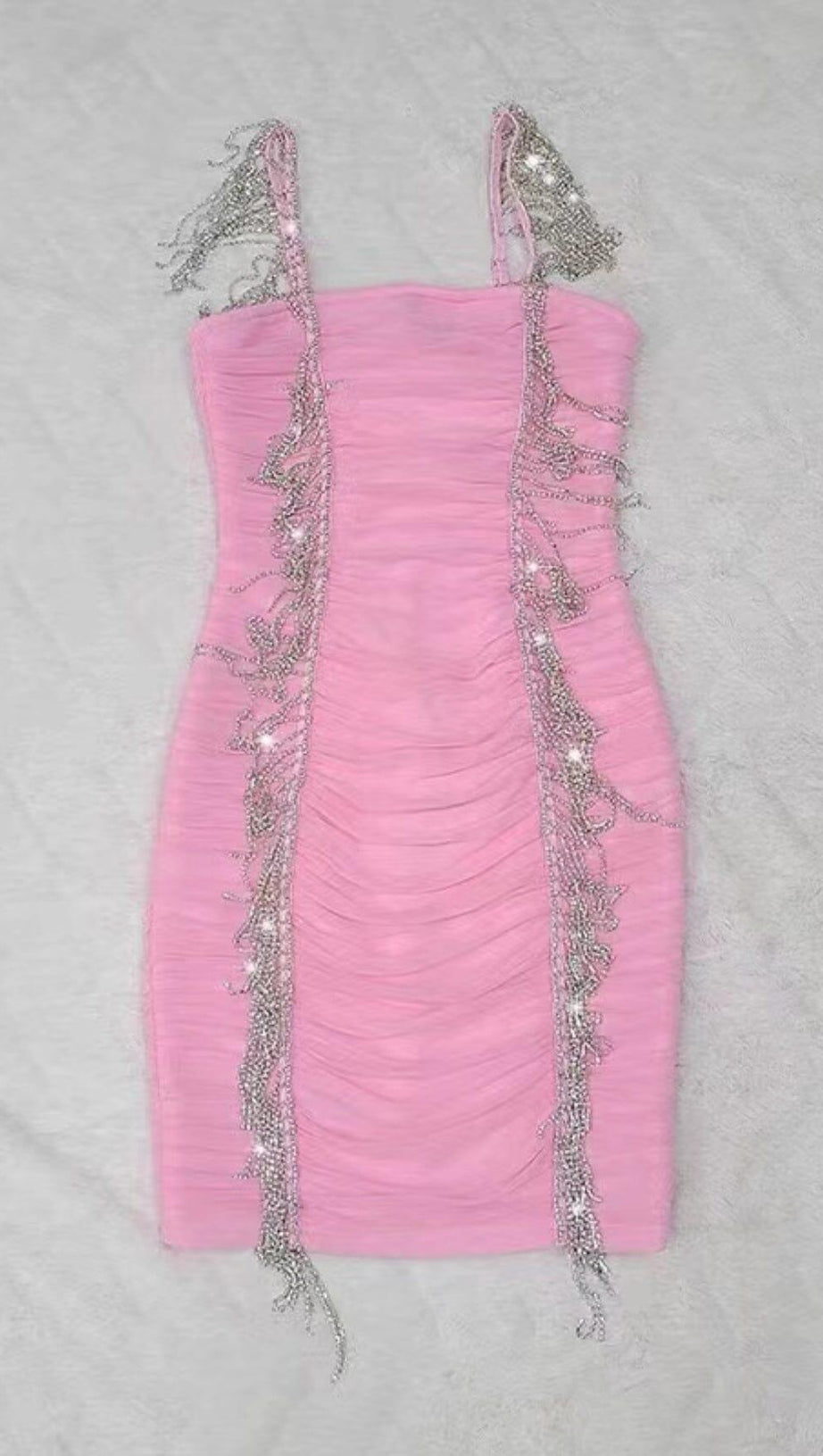 FRINGED MESH SKINNY MINI DRESS IN PINK