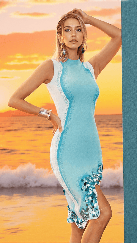 Gitana – Blaues Strickkleid mit Wellenmuster und Pailletten