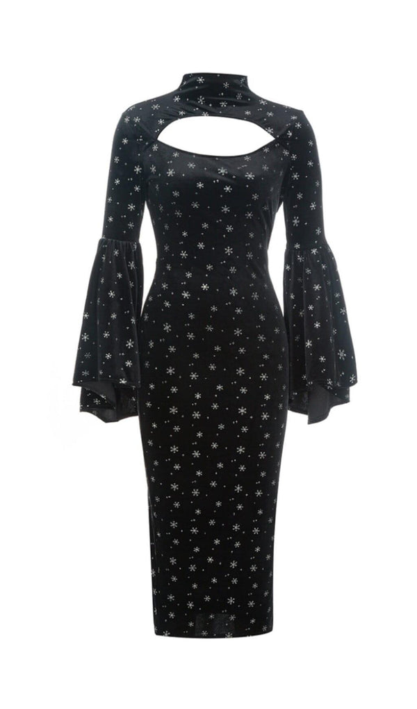 SNOWFLAKE LONG SLEEVE MIDI DRESS IN BLACK