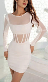 MESH STITCHED SKINNY MINI DRESS IN WHITE