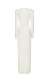 WHITE PLUNGE-NECK DRAPED GOWN