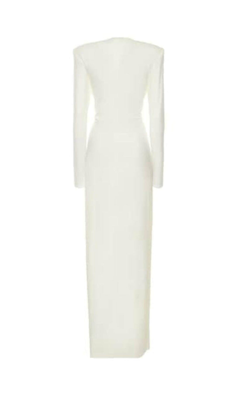 WHITE PLUNGE-NECK DRAPED GOWN