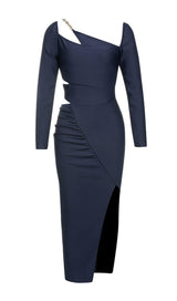 METAL HOOP SLOPING COLLAR LONG-SLEEVE RUFFLE DRESS