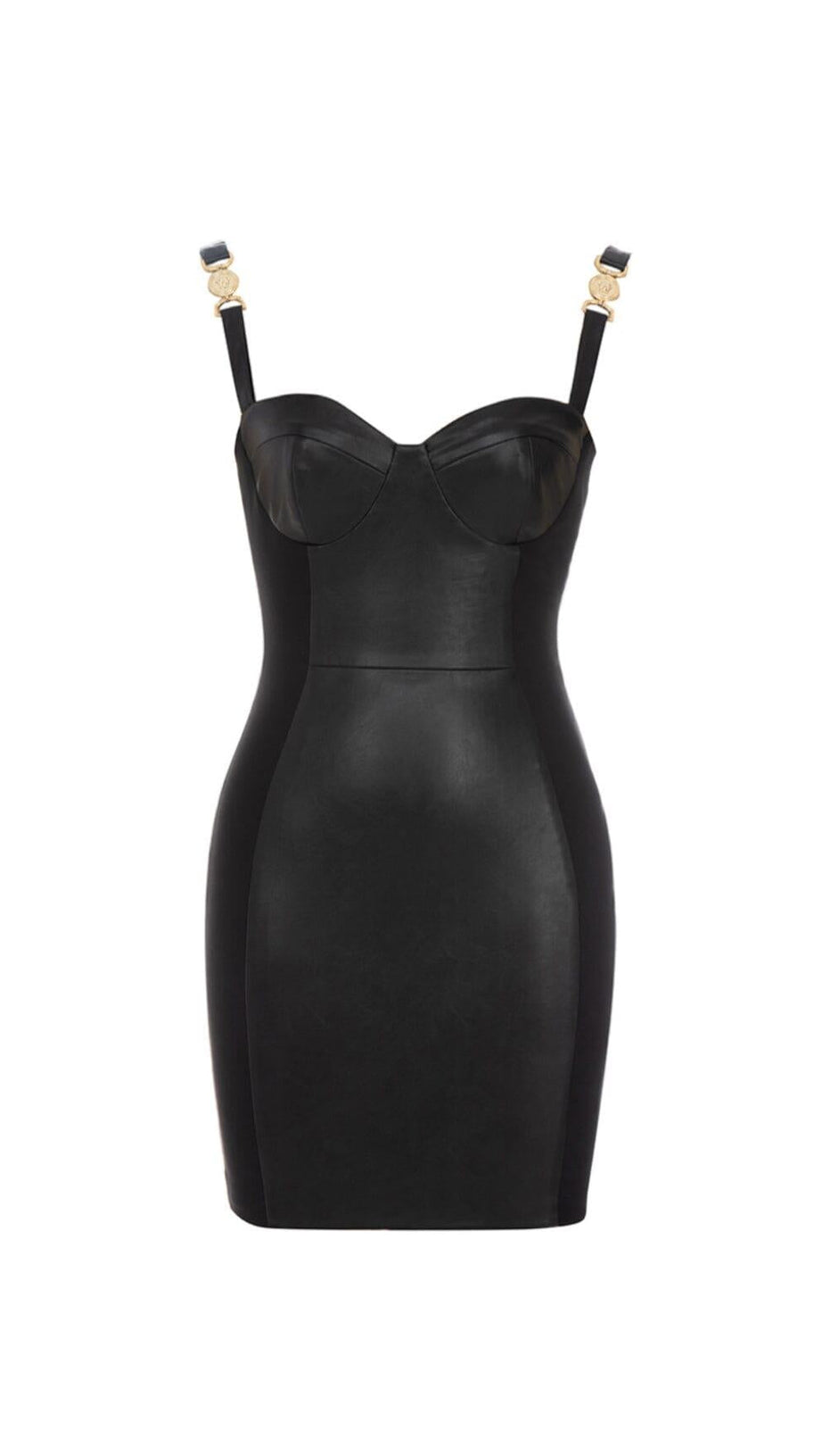 STITCHED LEATHER TIGHT MINI DRESS IN BLACK