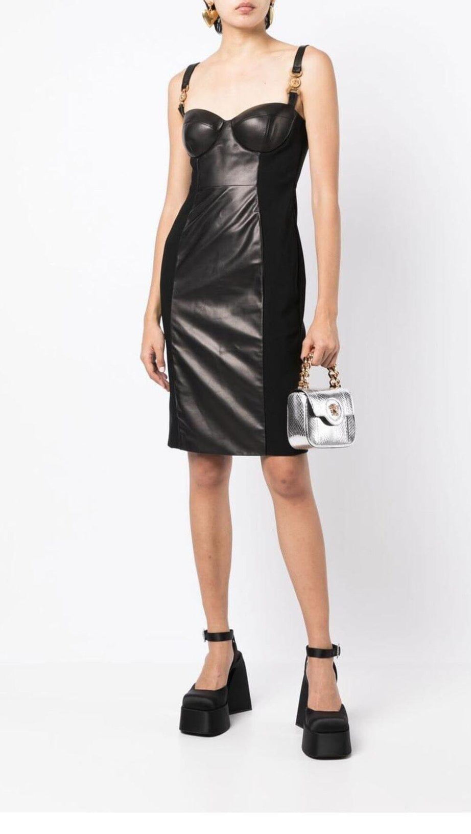 STITCHED LEATHER TIGHT MINI DRESS IN BLACK