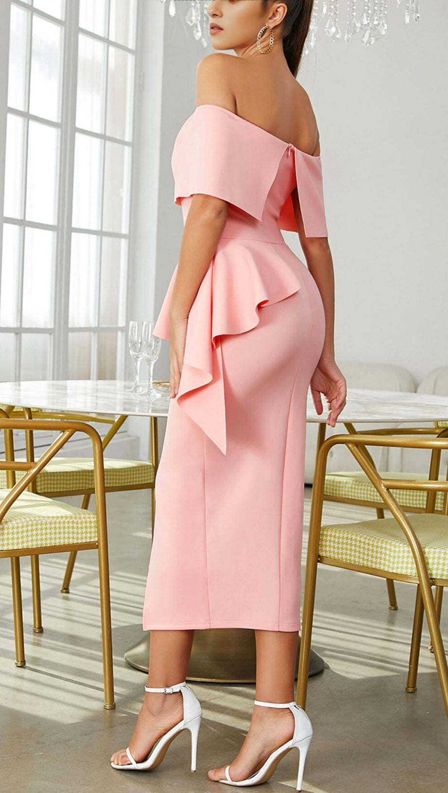 OFF SHOULDER KNIT FITTED DRESS IN PINK