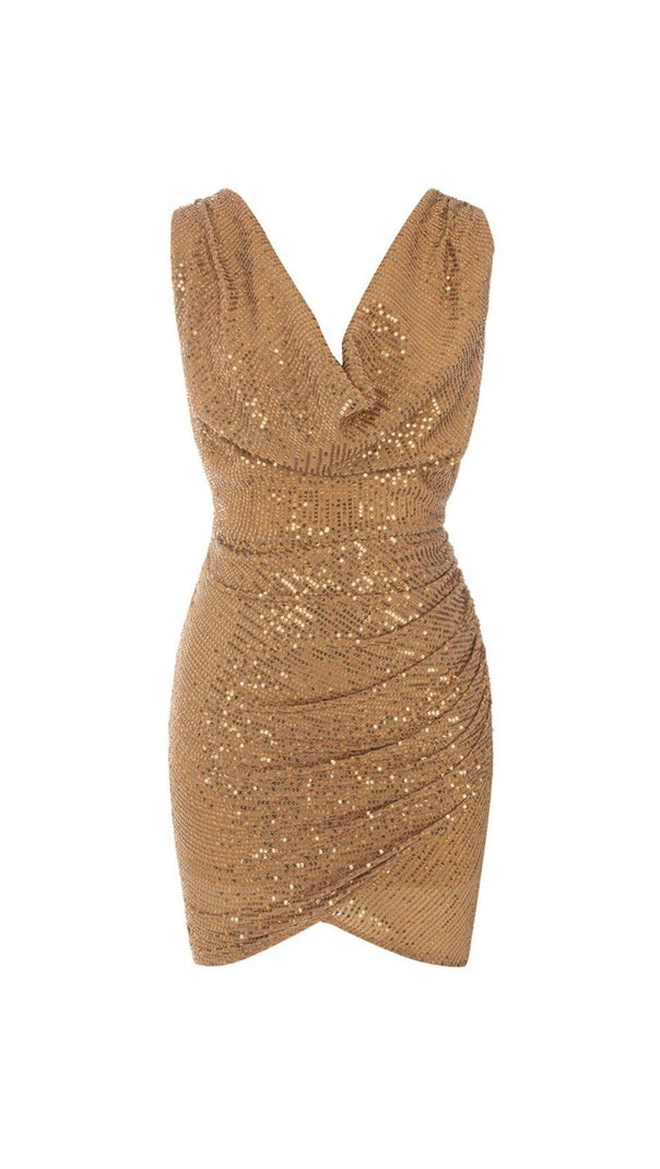 AIIZIE SEQUINED JERSEY WRAP-EFFECT MINI DRESS IN GOLD - product image