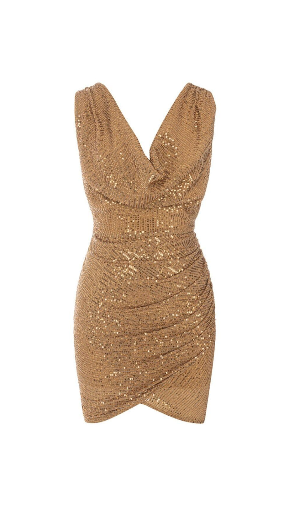 SEQUINED JERSEY WRAP-EFFECT MINI DRESS IN GOLD