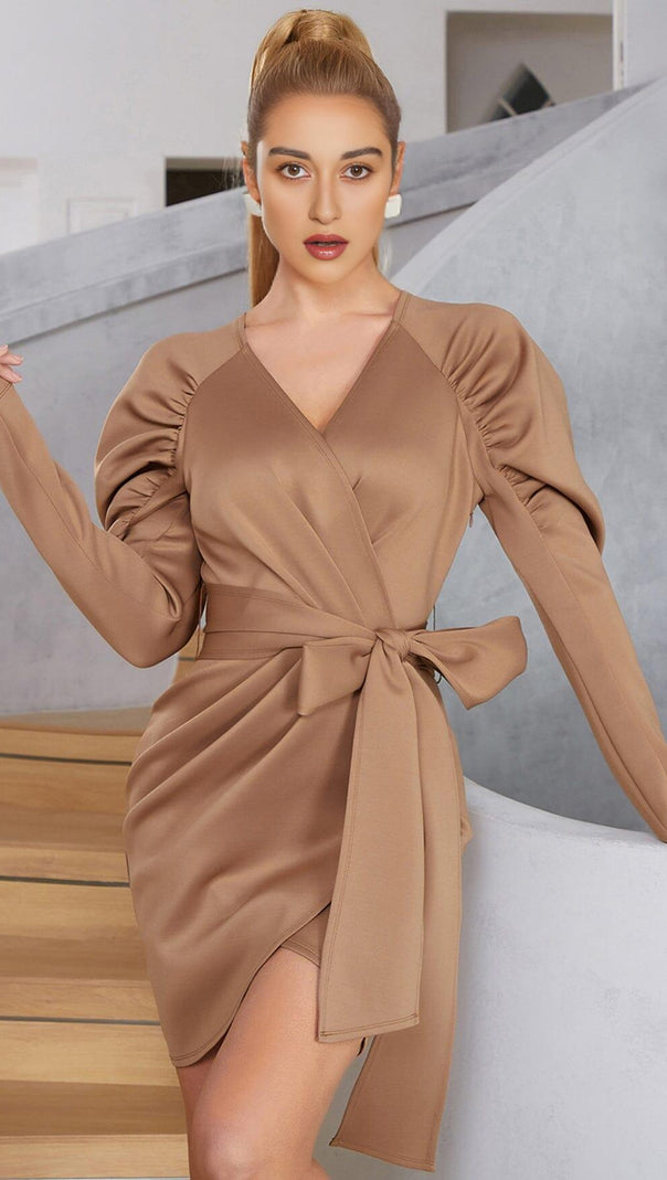 AIIZIE STRETCH LONG SLEEVES MINI DRESS IN PARCHMENT - product image