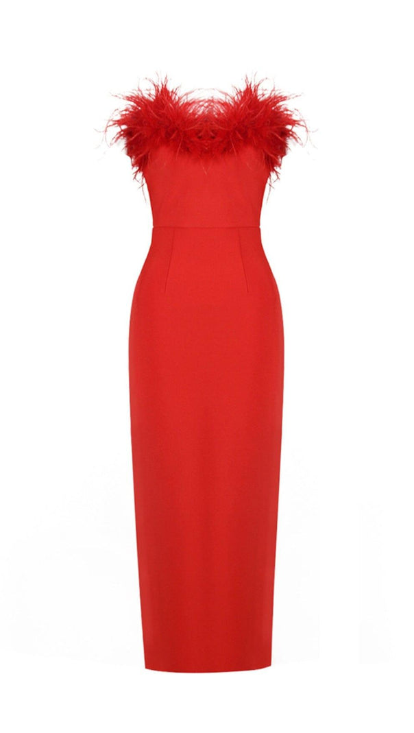 AIIZIE STRETCH STRAPLESS FEATHER TRIMMED GOWN IN RED - product image