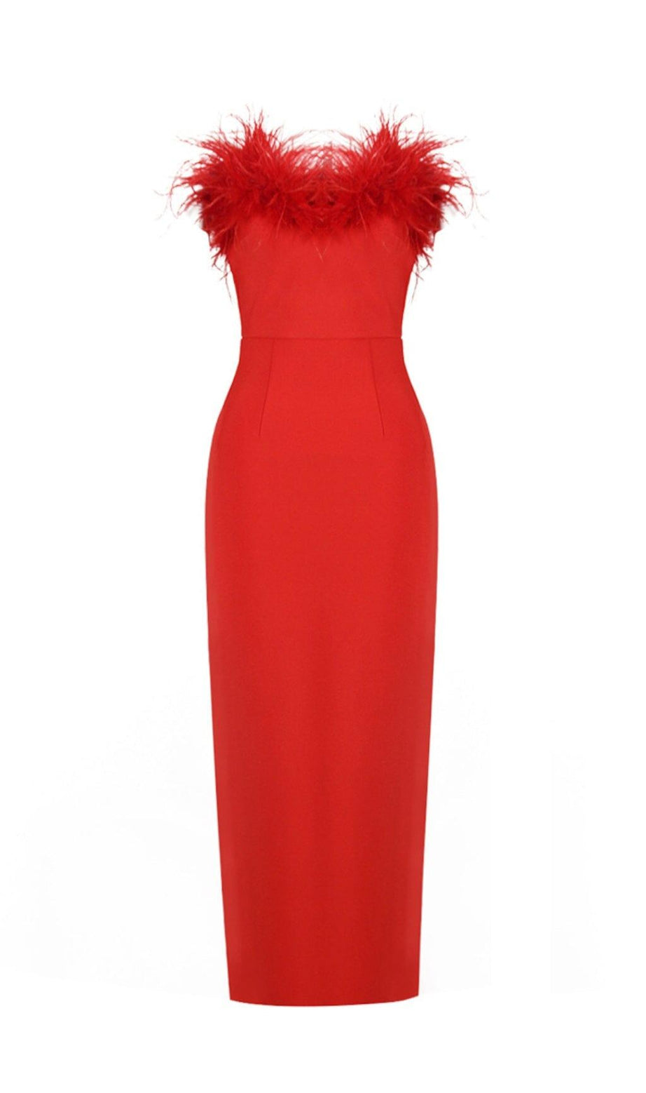 STRETCH STRAPLESS FEATHER TRIMMED GOWN IN RED