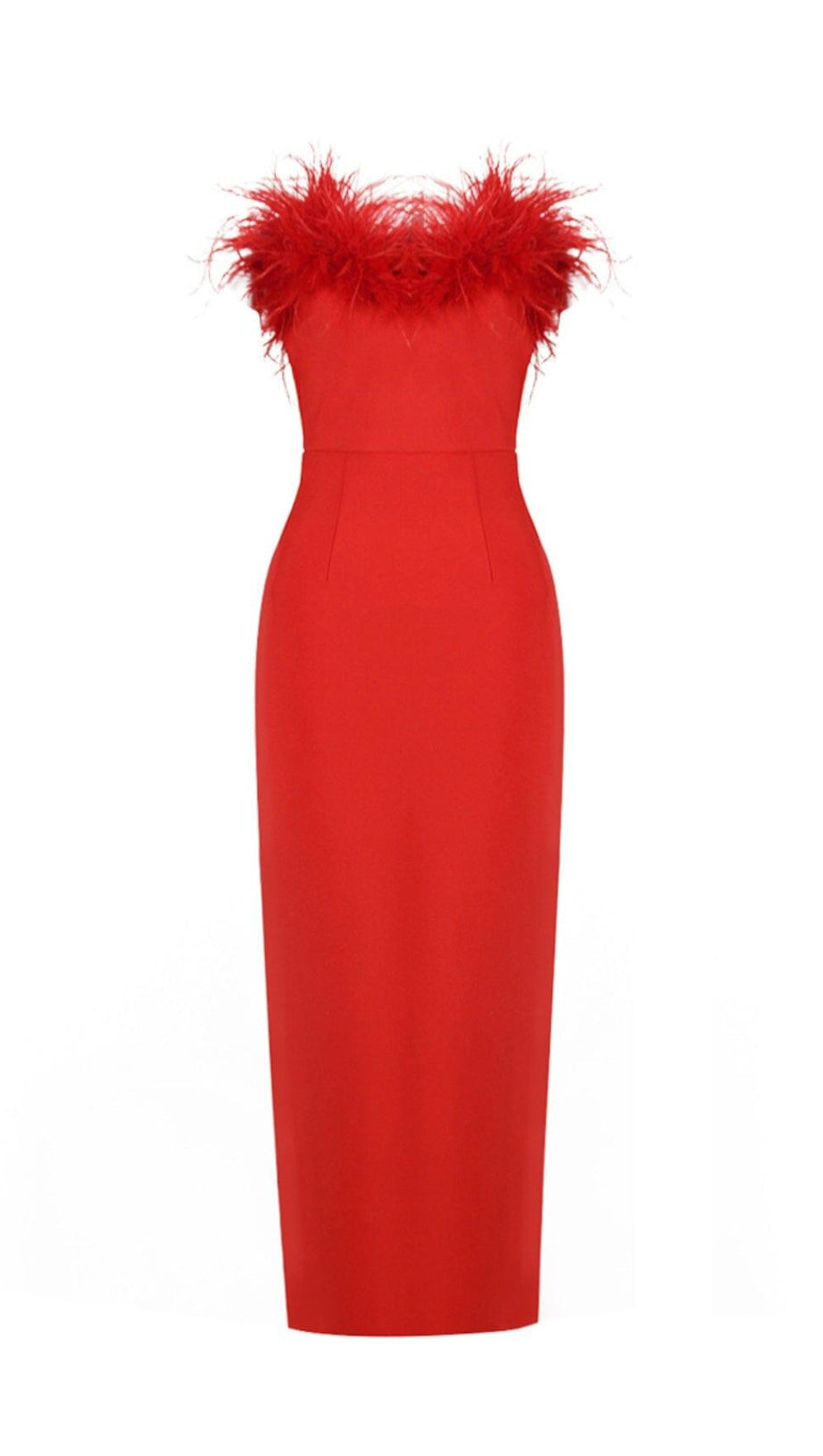 STRETCH STRAPLESS FEATHER TRIMMED GOWN IN RED