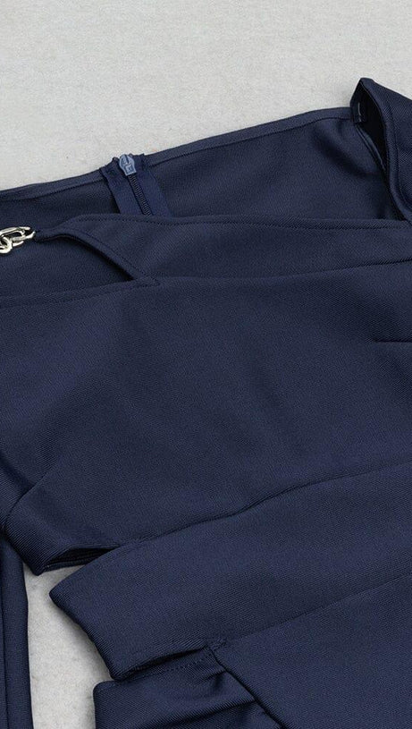 METAL HOOP SLOPING COLLAR LONG-SLEEVE RUFFLE DRESS