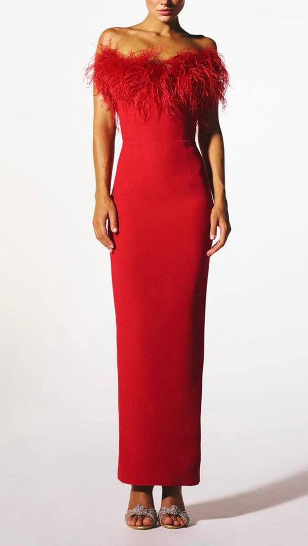 AIIZIE STRETCH STRAPLESS FEATHER TRIMMED GOWN IN RED - product image
