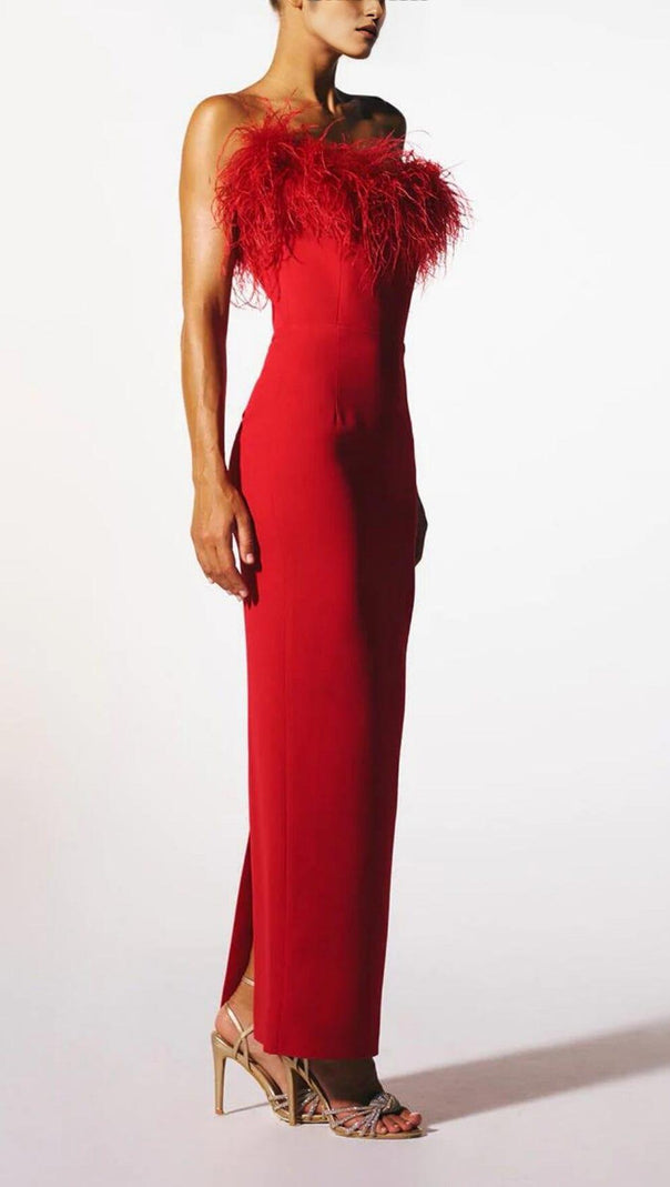 AIIZIE STRETCH STRAPLESS FEATHER TRIMMED GOWN IN RED - product image