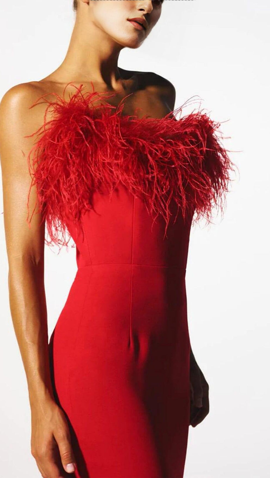 STRETCH STRAPLESS FEATHER TRIMMED GOWN IN RED