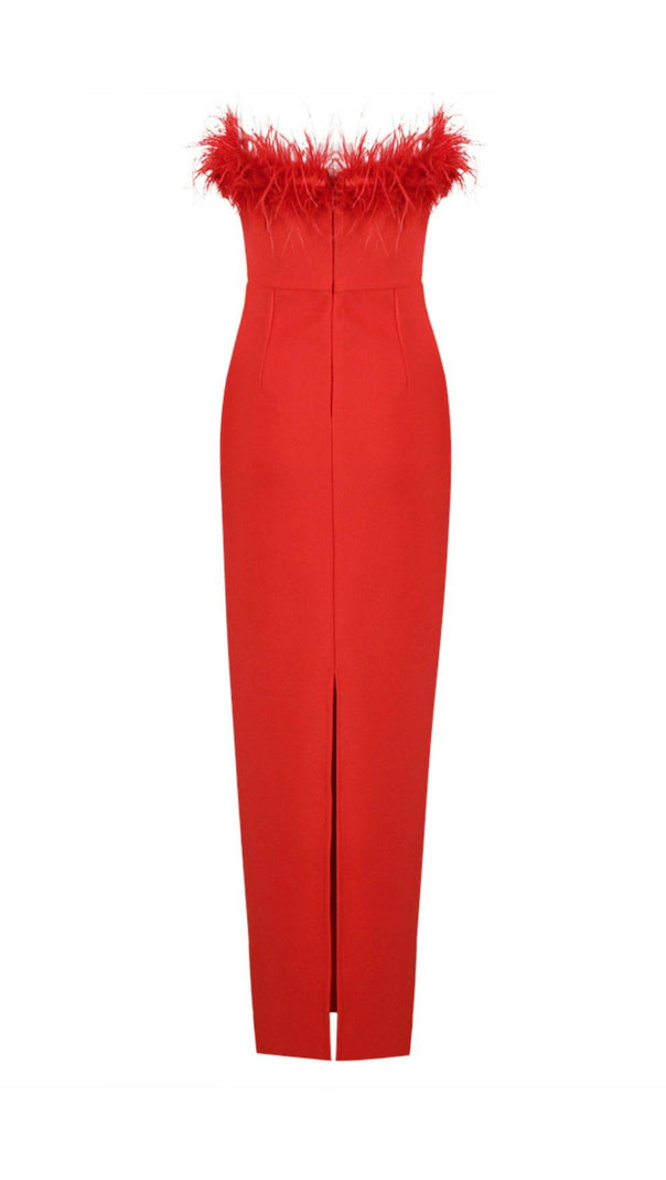 AIIZIE STRETCH STRAPLESS FEATHER TRIMMED GOWN IN RED - product image