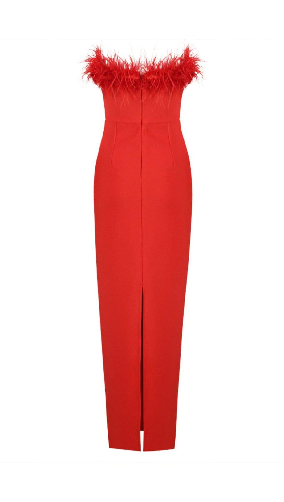 STRETCH STRAPLESS FEATHER TRIMMED GOWN IN RED