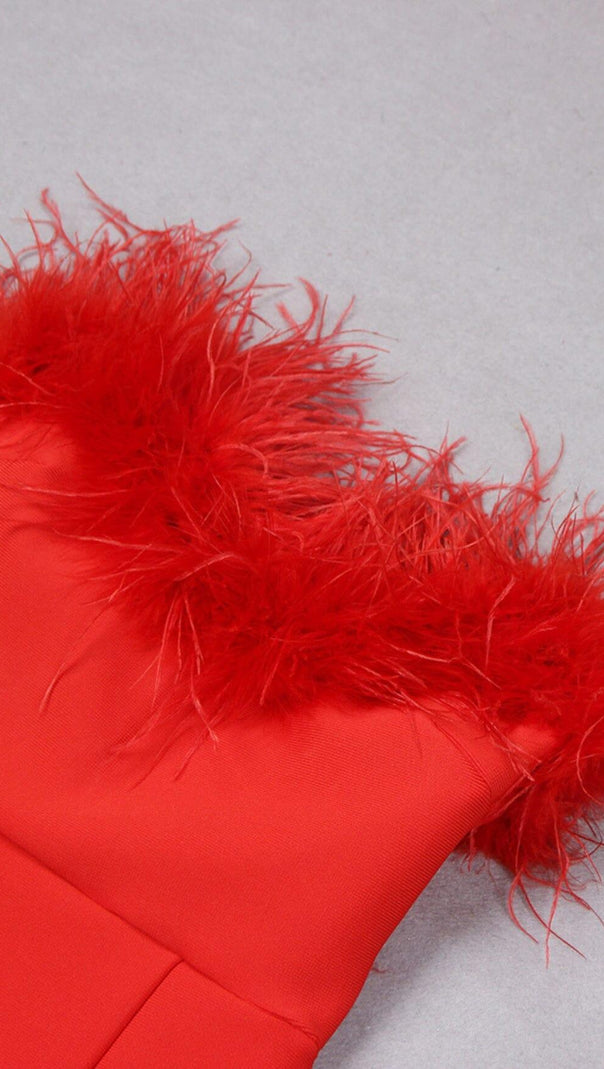 AIIZIE STRETCH STRAPLESS FEATHER TRIMMED GOWN IN RED - product image