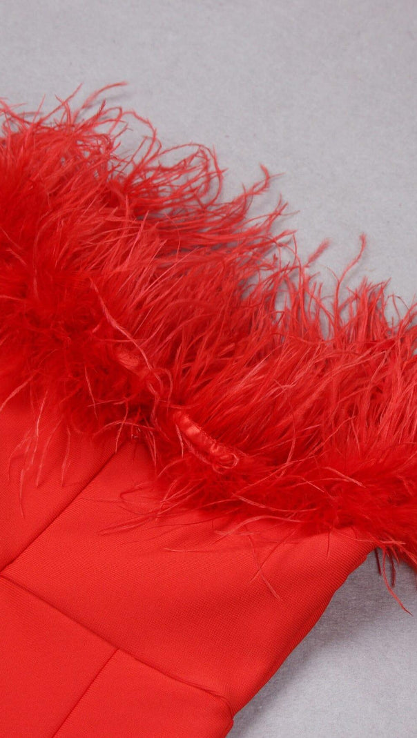 AIIZIE STRETCH STRAPLESS FEATHER TRIMMED GOWN IN RED - product image