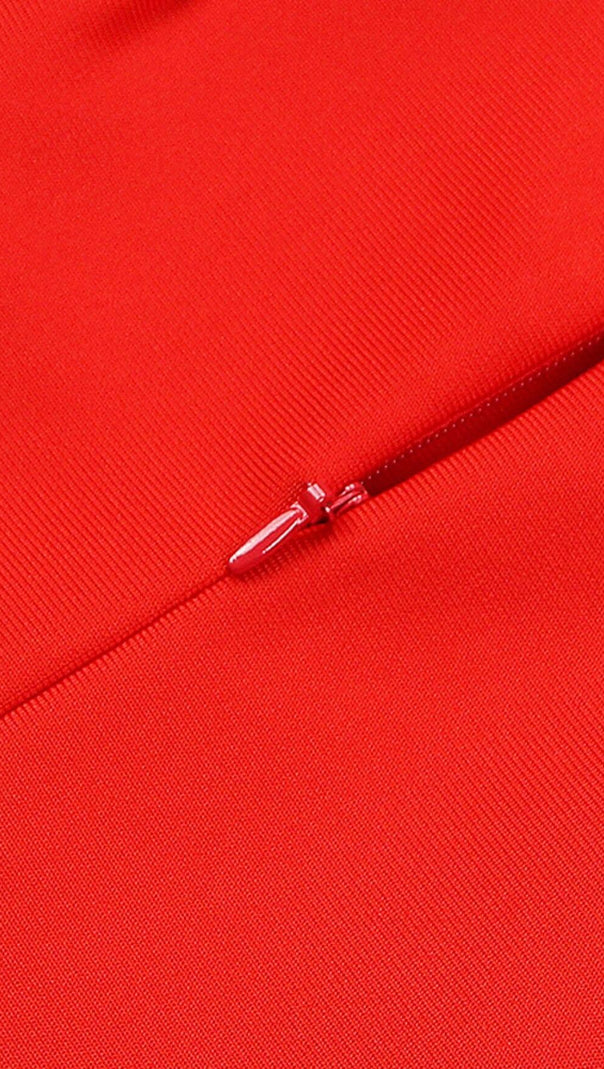 AIIZIE STRETCH STRAPLESS FEATHER TRIMMED GOWN IN RED - product image