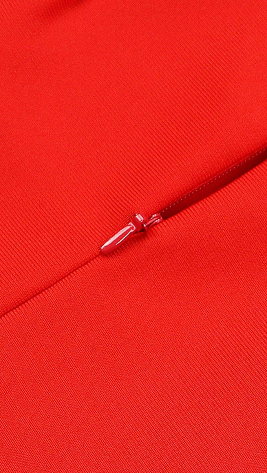 STRETCH STRAPLESS FEATHER TRIMMED GOWN IN RED