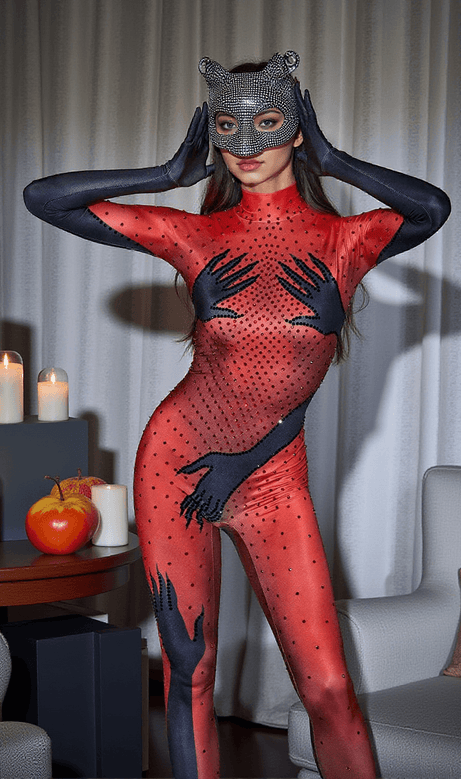 Esau Hands Printed Rhinestone Gloves Jumpsuit In Red