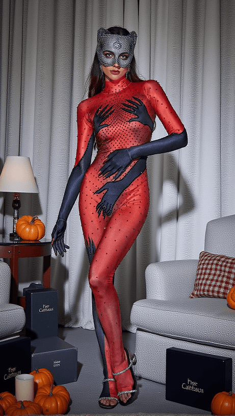 ESAU HANDS PRINTED RHINESTONE GLOVES JUMPSUIT IN RED