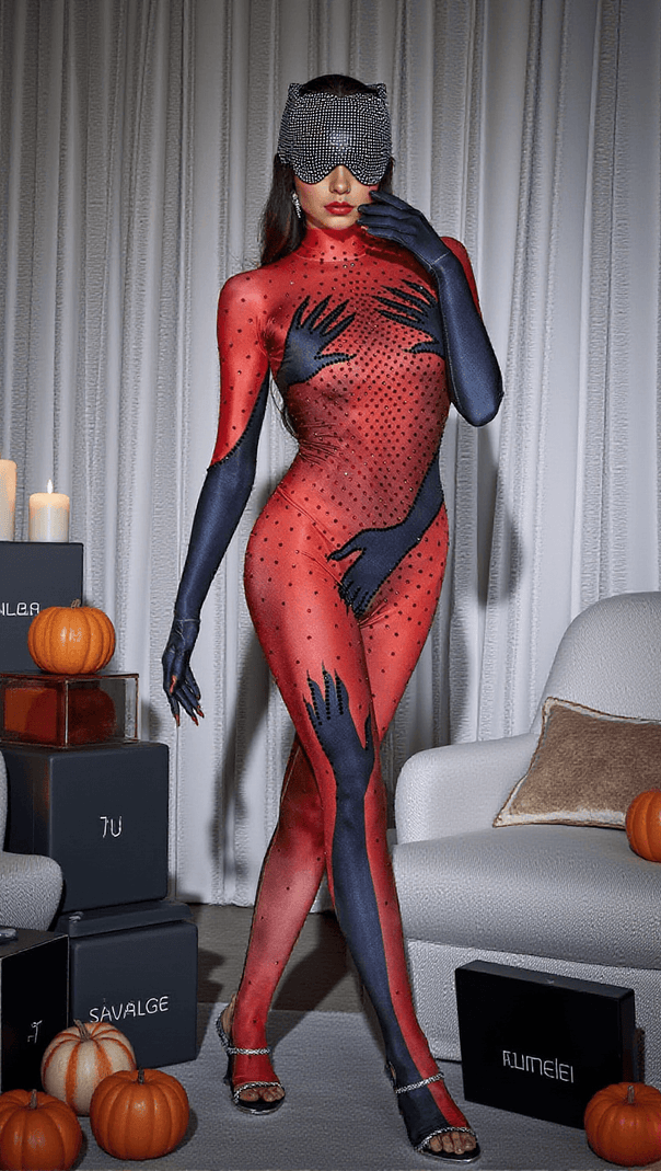 AIIZIE ESAU HANDS PRINTED RHINESTONE GLOVES JUMPSUIT IN RED - product image