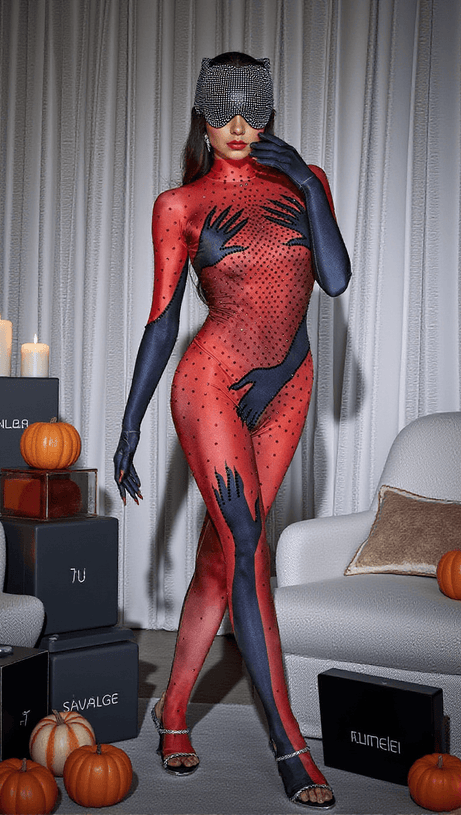 ESAU HANDS PRINTED RHINESTONE GLOVES JUMPSUIT IN RED