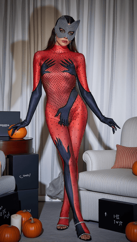 ESAU HANDS PRINTED RHINESTONE GLOVES JUMPSUIT IN RED