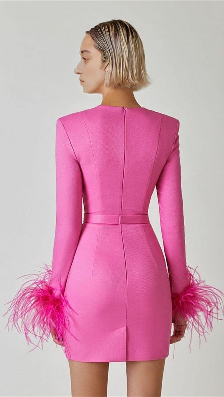 STRETCH LONG SLEEVES MINI DRESS IN HYPER PINK