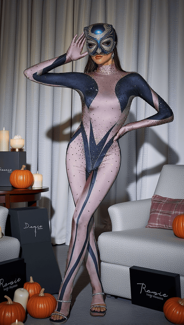 AIIZIE CARMELO BODY PRINTED RHINESTONE GLOVES JUMPSUIT IN BLACK - product image