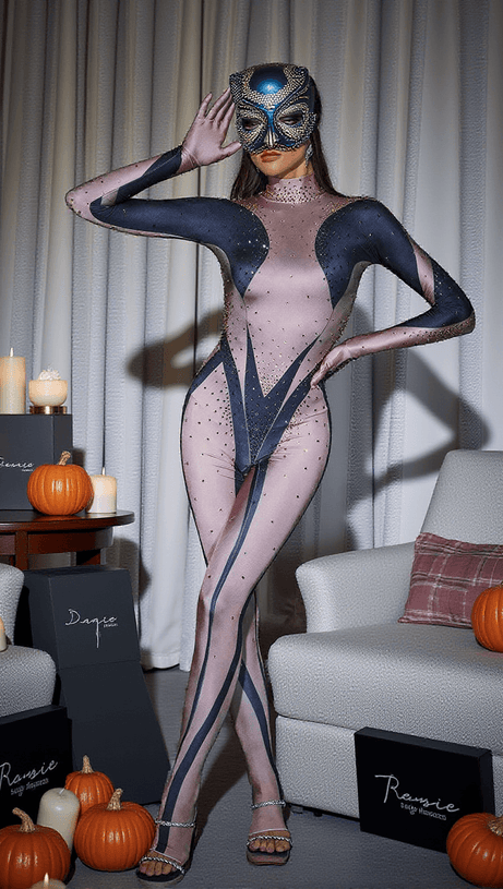 CARMELO BODY PRINTED RHINESTONE GLOVES JUMPSUIT IN BLACK