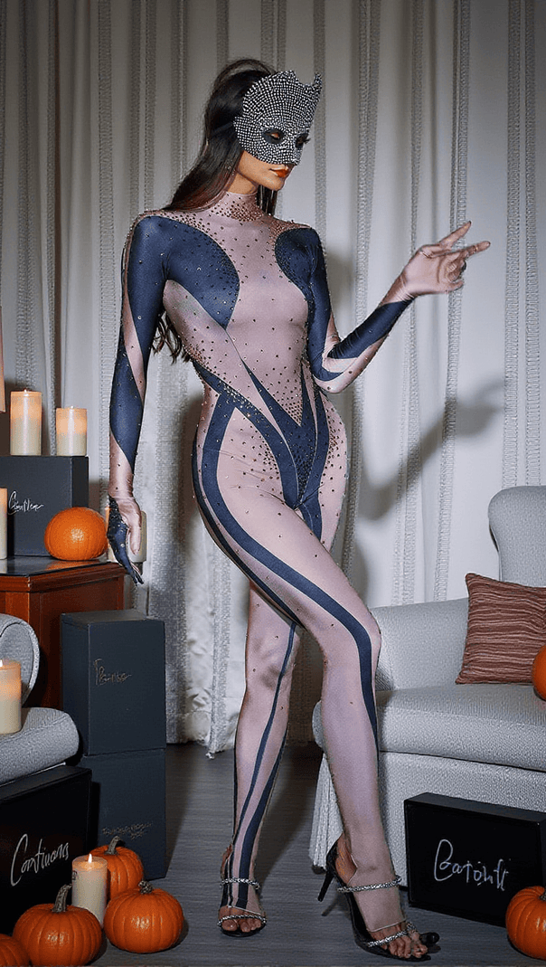 AIIZIE CARMELO BODY PRINTED RHINESTONE GLOVES JUMPSUIT IN BLACK - product image