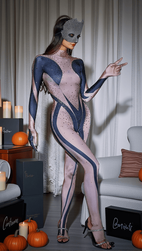 CARMELO BODY PRINTED RHINESTONE GLOVES JUMPSUIT IN BLACK