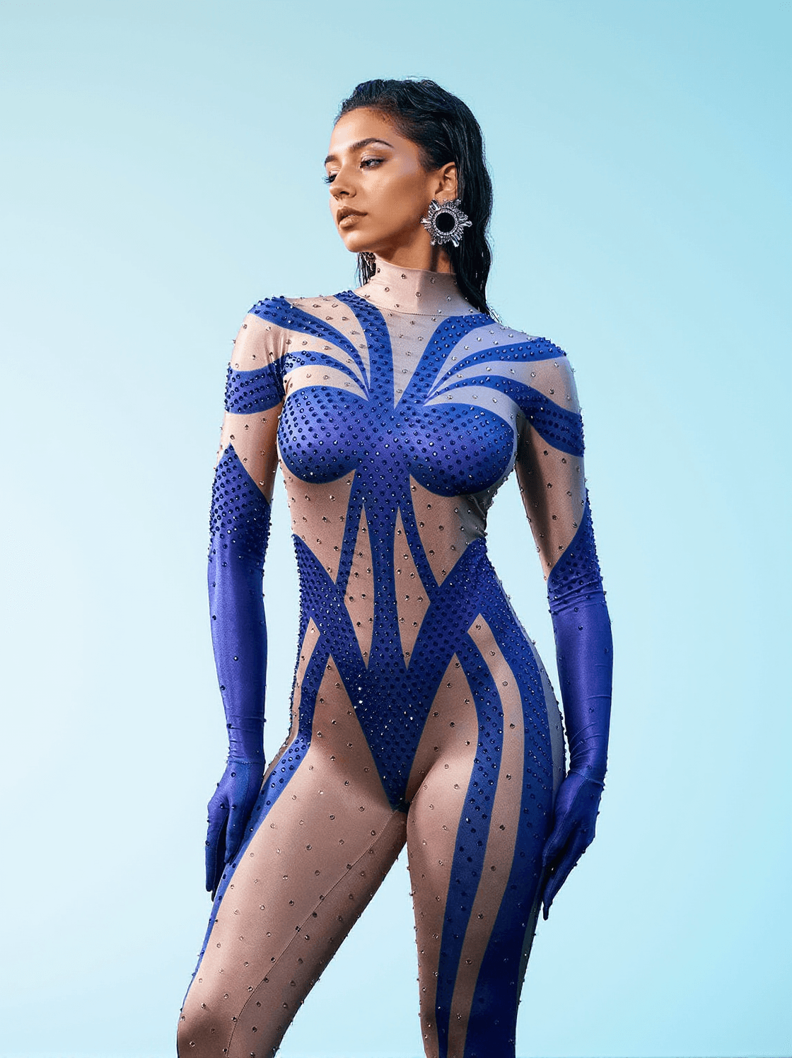 FABIAN RHINESTONE PRINTED GLOVES JUMPSUIT IN BLUE