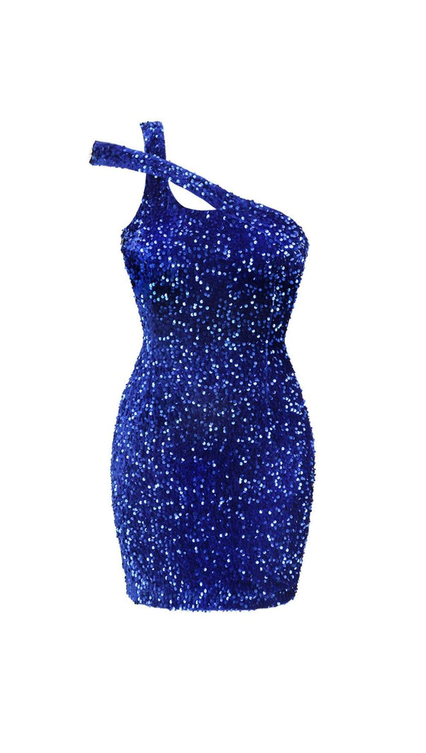 AIIZIE SEQUIN ONE SHOULDER MINI DRESS IN GALACTIC COBALT - product image