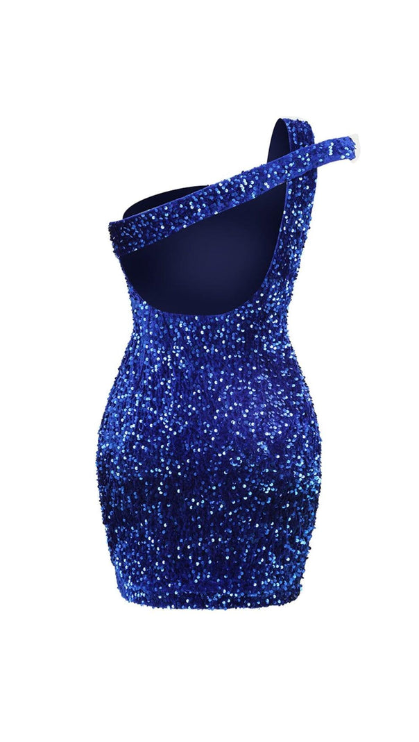 AIIZIE SEQUIN ONE SHOULDER MINI DRESS IN GALACTIC COBALT - product image