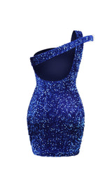 SEQUIN ONE SHOULDER MINI DRESS IN GALACTIC COBALT