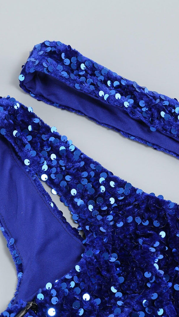 AIIZIE SEQUIN ONE SHOULDER MINI DRESS IN GALACTIC COBALT - product image