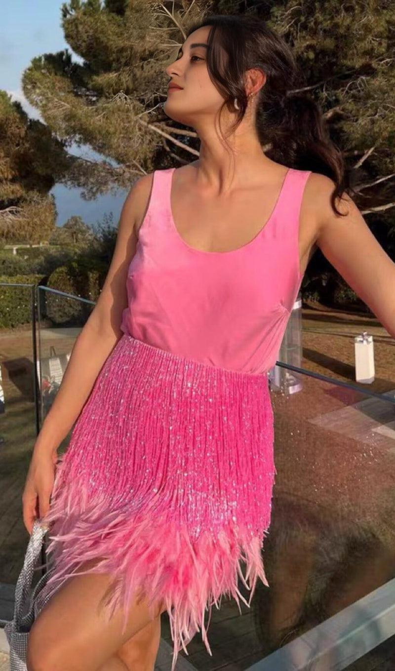 SHINY FRINGE FEATHER MINI DRESS IN PINK