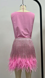 SHINY FRINGE FEATHER MINI DRESS IN PINK