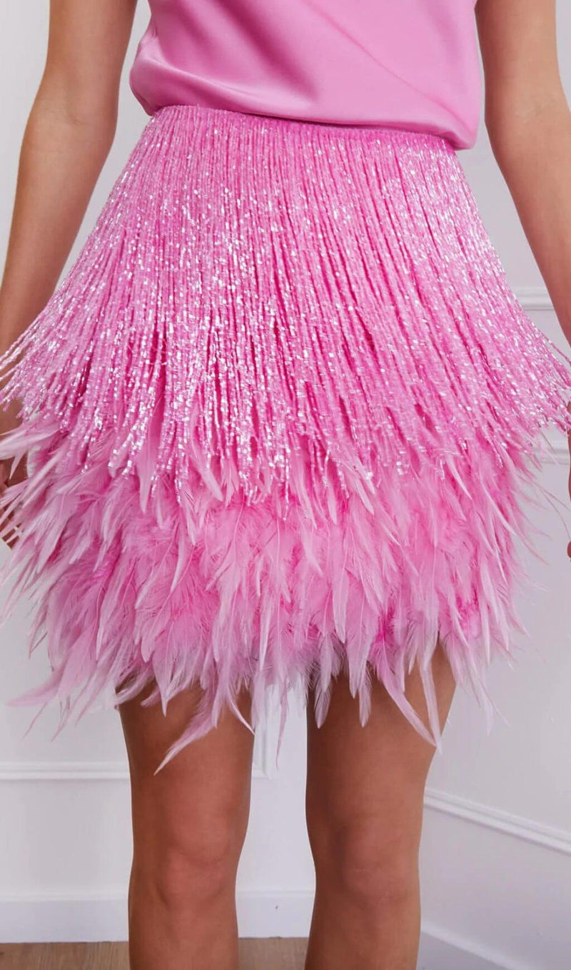 SHINY FRINGE FEATHER MINI DRESS IN PINK