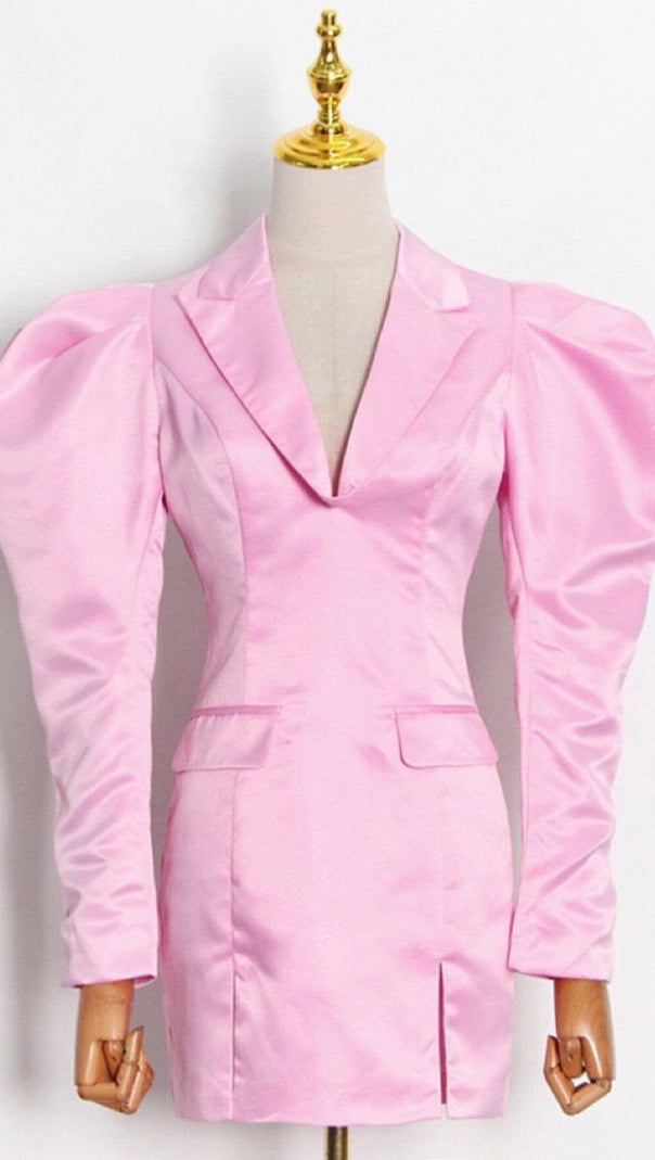 AIIZIE V-NECK ONE BUTTON LONGS SLEEVE MINI SUIT DRESS IN PINK - product image