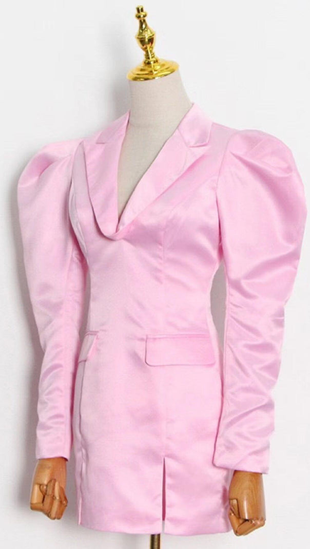 AIIZIE V-NECK ONE BUTTON LONGS SLEEVE MINI SUIT DRESS IN PINK - product image