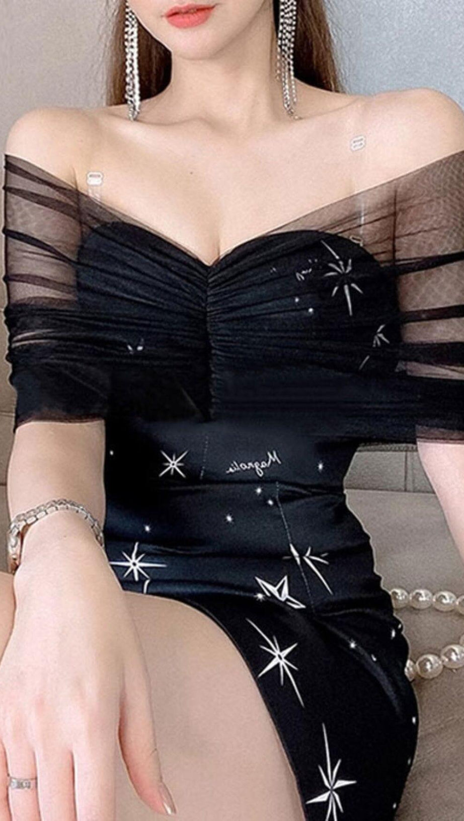 MESH BATEAU COLLAR DETACHABLE SHOULDER STRAP HIP WRAP DRESS