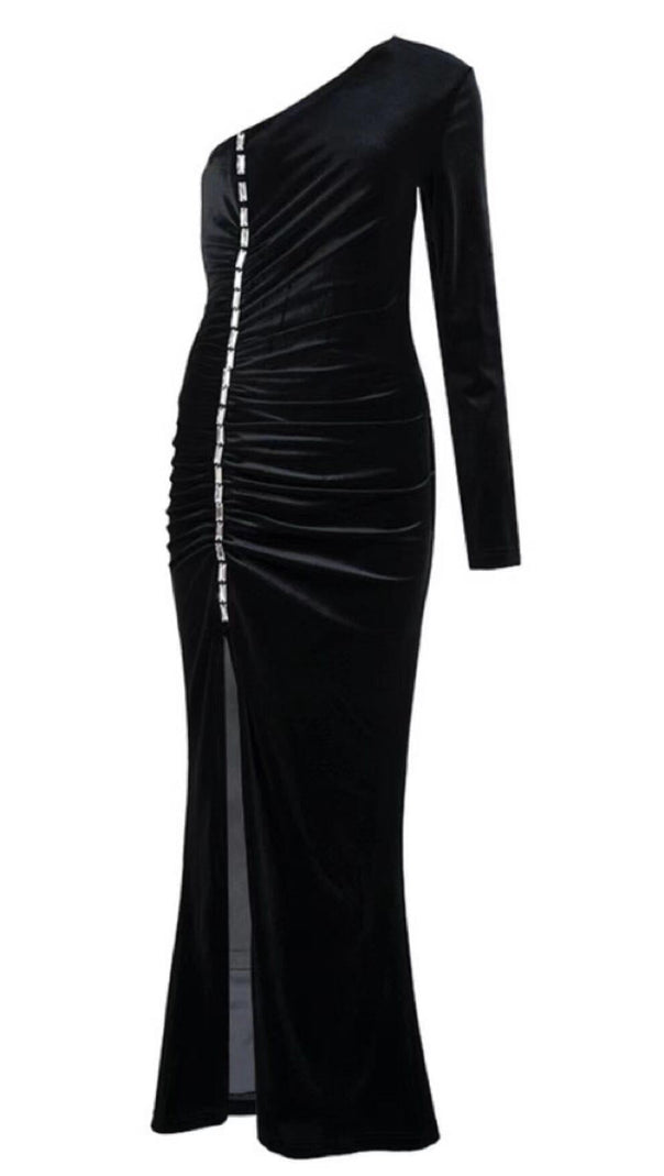 AIIZIE VELVET DIAMOND ONE SHOULDER SPLIT MAXI DRESS IN BLACK - product image