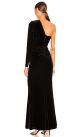 VELVET DIAMOND ONE SHOULDER SPLIT MAXI DRESS IN BLACK